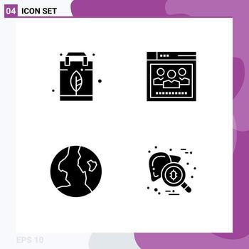 Set of 4 Vector Solid Glyphs on Grid for energy globe bag web checkup Editable Vector Design Elements