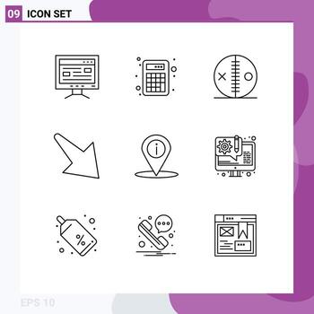 Mobile Interface Outline Set of 9 Pictograms of navigation right costume down voodoo Editable Vector Design Elements