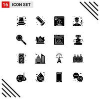 Group of 16 Modern Solid Glyphs Set for search find development recorder mic Editable Vector Design Elements