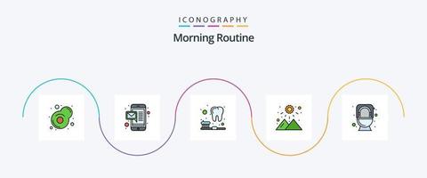 la línea de rutina de la mañana llenó el paquete de iconos planos 5 que incluye. enjuagar. dientes. cómoda. montaña vector