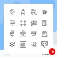 Pack of 16 Modern Outlines Signs and Symbols for Web Print Media such as essential computing lock online handset Editable Vector Design Elements