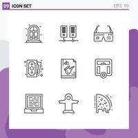 Pack of 9 Modern Outlines Signs and Symbols for Web Print Media such as music file digital shopping money Editable Vector Design Elements