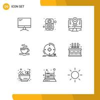 Modern Set of 9 Outlines Pictograph of hotel cup speaker tea lcd Editable Vector Design Elements