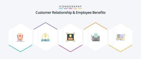 Customer Relationship And Employee Benefits 25 Flat icon pack including book. fax. scientist. message. profile image vector