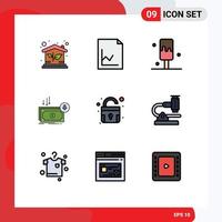 Pack of 9 Modern Filledline Flat Colors Signs and Symbols for Web Print Media such as padlock money ice finance cut Editable Vector Design Elements