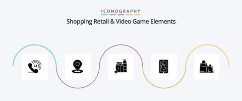 Compras minoristas y elementos de videojuegos Paquete de iconos de glifo 5 que incluye compras. bolso . caja . hardware. móvil vector
