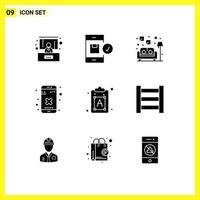 Pack of 9 Modern Solid Glyphs Signs and Symbols for Web Print Media such as font creative couch app cross Editable Vector Design Elements