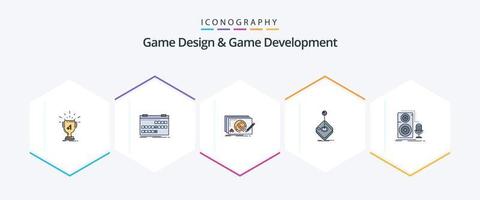 diseño de juegos y desarrollo de juegos Paquete de iconos de 25 líneas completas que incluye juegos. arcada. lanzamiento. juego. nuevo vector