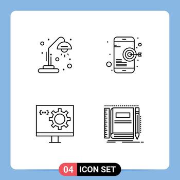conjunto moderno de 4 colores planos y símbolos de línea de llenado, como elementos de diseño de vectores editables de desarrollo de objetivos de educación informática escolar
