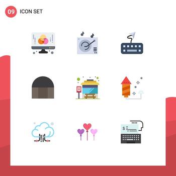 conjunto de 9 colores planos vectoriales en la cuadrícula para el autobús de la terminal de autobuses de la ciudad adjuntar elementos de diseño de vectores editables del edificio histórico de la mezquita