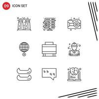 9 User Interface Outline Pack of modern Signs and Symbols of suitcase croos arts internet global Editable Vector Design Elements