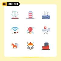 9 User Interface Flat Color Pack of modern Signs and Symbols of fly balloon air balloon attach wifi cafe Editable Vector Design Elements