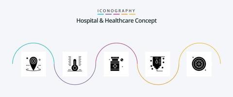 paquete de iconos de glifo 5 de concepto de hospital y atención médica que incluye. hospital. termómetro. cuidado de la salud. asterisco vector