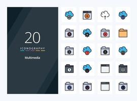 20 íconos llenos de línea multimedia para presentación vector