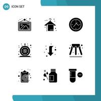 Set of 9 Vector Solid Glyphs on Grid for down quick cinema money instant Editable Vector Design Elements