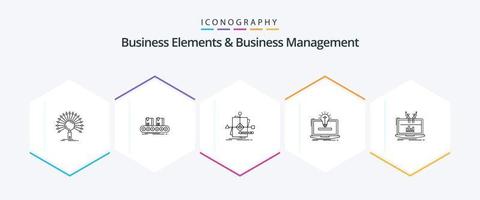 Elementos comerciales y paquete de iconos de 25 líneas de gestión comercial que incluye idea. ordenador portátil. fábrica. plan. prediciendo vector