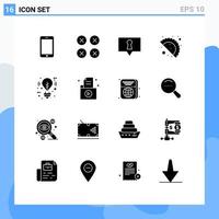 User Interface Pack of 16 Basic Solid Glyphs of light bulb ux celebration day food Editable Vector Design Elements