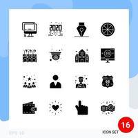 Set of 16 Vector Solid Glyphs on Grid for cam life ink city food Editable Vector Design Elements