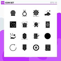 16 User Interface Solid Glyph Pack of modern Signs and Symbols of wash hand love cleaning physics Editable Vector Design Elements