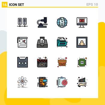 16 Universal Flat Color Filled Lines Set for Web and Mobile Applications route online future of money movie cinema Editable Creative Vector Design Elements