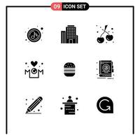 Pictogram Set of 9 Simple Solid Glyphs of fast burger cherry mother inscription Editable Vector Design Elements
