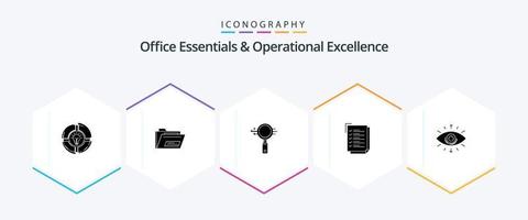 Office Essentials And Operational Exellence 25 Glyph icon pack including notepad. to do list. rar. check list. e search vector