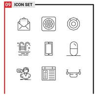 Pictogram Set of 9 Simple Outlines of android smart phone coin phone water Editable Vector Design Elements