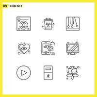 Set of 9 Commercial Outlines pack for optimize seo game love flag Editable Vector Design Elements