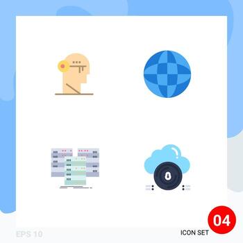 Set of 4 Vector Flat Icons on Grid for brain center mind globe data Editable Vector Design Elements