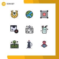 Group of 9 Filledline Flat Colors Signs and Symbols for location product game logistic box Editable Vector Design Elements