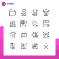 Mobile Interface Outline Set of 16 Pictograms of bank building architecture pray heart care Editable Vector Design Elements