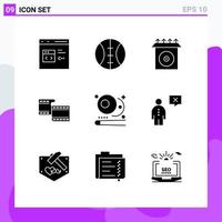 Set of 9 Commercial Solid Glyphs pack for business snooker install pool video Editable Vector Design Elements