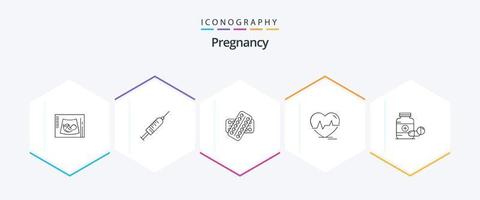 paquete de iconos de 25 líneas de embarazo que incluye latidos del corazón. electrocardiograma aguja. paciente. drogas vector