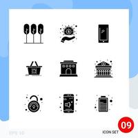 Set of 9 Commercial Solid Glyphs pack for building basket phone add to cart iphone Editable Vector Design Elements