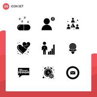 9 Universal Solid Glyph Signs Symbols of analytics love colleague heart affection Editable Vector Design Elements