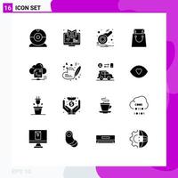 Pack of 16 creative Solid Glyphs of sharing shopping course shop whistle Editable Vector Design Elements