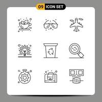 Mobile Interface Outline Set of 9 Pictograms of been idea airplane gear bulb Editable Vector Design Elements