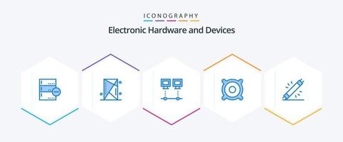 paquete de 25 iconos azules de dispositivos que incluye altavoz. dispositivos. contorno. ordenador personal. dispositivos vector