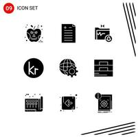 Editable Vector Line Pack of 9 Simple Solid Glyphs of internet control folder icelandic currency Editable Vector Design Elements