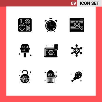 Pack of 9 Modern Solid Glyphs Signs and Symbols for Web Print Media such as preference configure browser robot space Editable Vector Design Elements