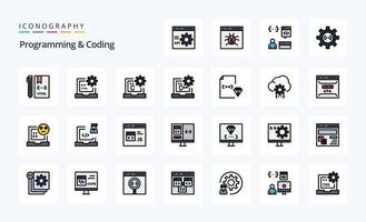 paquete de iconos de estilo lleno de línea de programación y codificación de 25 vector