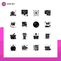 Set of 16 Commercial Solid Glyphs pack for email graph internet online product Editable Vector Design Elements