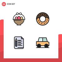 paquete de interfaz de usuario de 4 colores planos básicos de línea rellena de elementos de diseño vectorial editables de viaje de texto de donut de automóvil de cesta vector