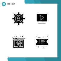 Pack of 4 creative Solid Glyphs of protection sound monitor play webpage Editable Vector Design Elements
