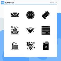 Group of 9 Modern Solid Glyphs Set for love station programming police sport Editable Vector Design Elements