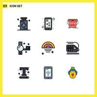 Pack of 9 Modern Filledline Flat Colors Signs and Symbols for Web Print Media such as rainbow recording bucket handycam camcorder Editable Vector Design Elements