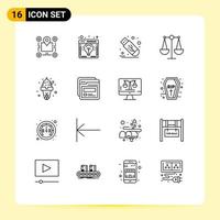 Modern Set of 16 Outlines Pictograph of dessert justice launch balance stick Editable Vector Design Elements