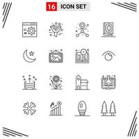 Group of 16 Outlines Signs and Symbols for muslim islam management book route Editable Vector Design Elements