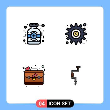 4 User Interface Filledline Flat Color Pack of modern Signs and Symbols of bottle bag medicine bottle generate day Editable Vector Design Elements