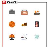 Pictogram Set of 9 Simple Flat Colors of audio vehicle camping construction truck Editable Vector Design Elements